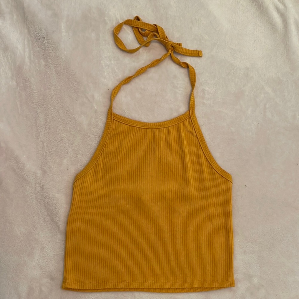 Mustard halter string tie crop top